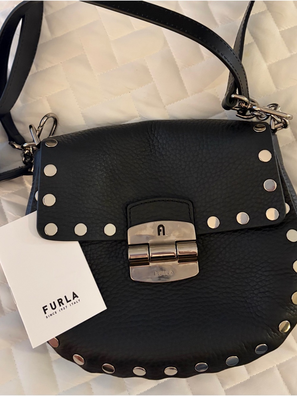 Furla Black Pebbled Leather Studded Crossbody